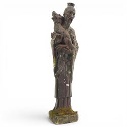 Set of four Chinese style composition figures, depicting robed attendants and elders, including examples with fan and fish, raised on moulded bases, tallest 98cm