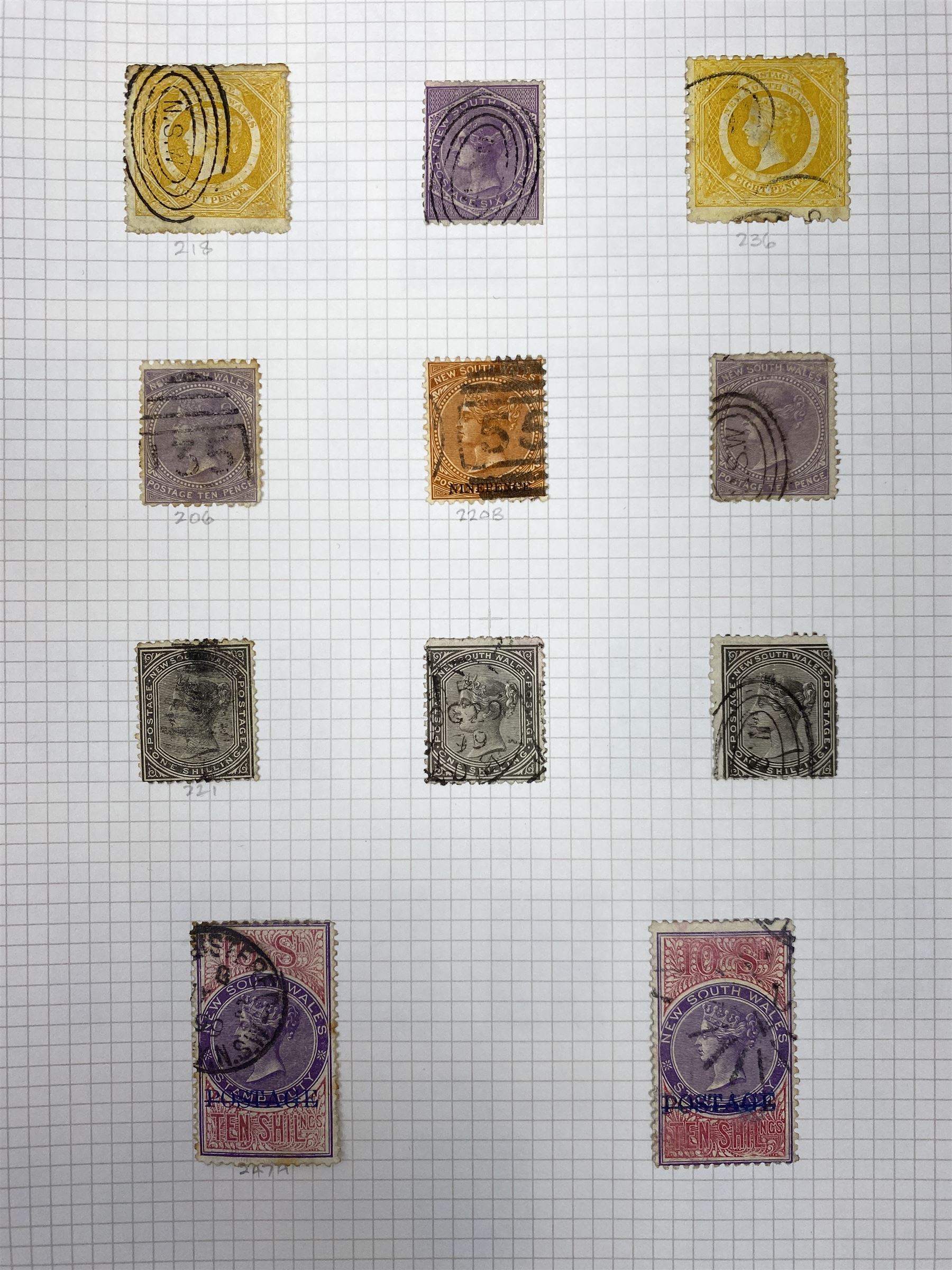 Australia New South Wales stamps, including 1850-4 various imperf issues, 1854-6 including five pence, six pence, one shilling etc, 1856-60 registered letter stamps, 1861-88 five shillings etc, housed on pages