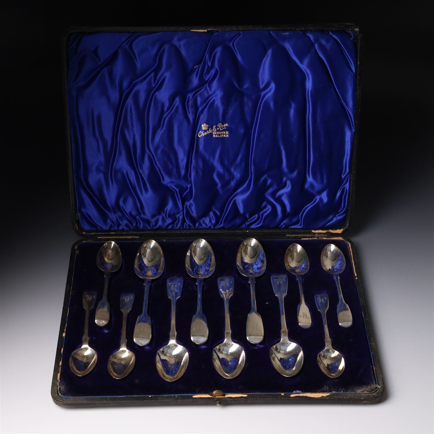 Set of six Victorian  silver fiddle pattern dessert spoons initialled 'W' and six matching teaspoons London 1847 Maker Henry Holland, cased