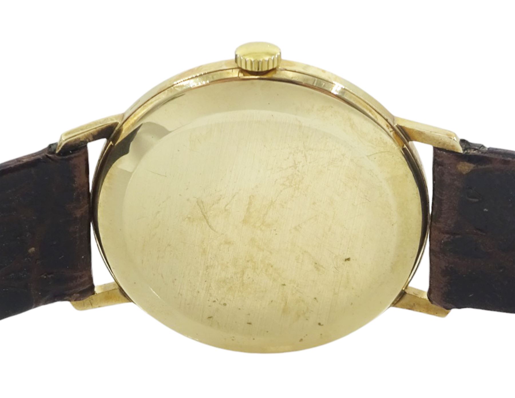 Bentima Star gentleman's 9ct gold manual wind wristwatch, silvered dial with baton hour markers and date aperture, Sheffield import mark 1975, on brown leather strap