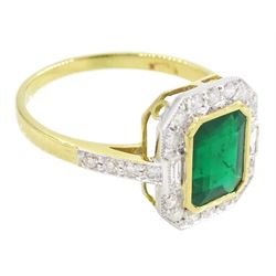 18ct gold emerald and diamond cluster ring, octagonal cut emerald of approx 1.50 carat, with milgrain set, round brilliant and baguette cut diamond surround and diamond set shoulders, stamped 750, total diamond weight approx 0.45 carat