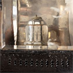 Shanks (London) - good pair of silver plated and toleware carriage lamps, gilded circular housing, bevelled side glass, maker engraved to candle mount