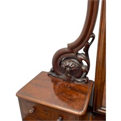 Victorian figured mahogany two-piece bedroom set - the washstand with white and black marble moulded top with arched back and raised shelf, two moulded frieze drawers, on turned and fluted supports with brass and ceramic castors (W123cm, D60cm, H102cm); the dressing table with raised swing mirror in moulded frame with shell and scroll carved pediment, on scrolled horns carved with foliage, four raised trinket drawers over moulded rectangular top, fitted with two drawers, on turned and fluted supports with brass and ceramic castors (W122cm, H177cm, D62cm)