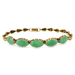  Gold leaf design link bracelet, set with oval jade stones, stamped 14k  