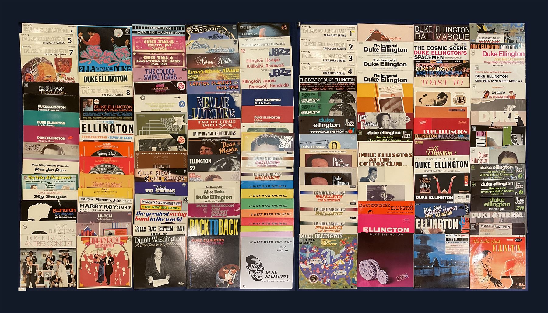 Large quantity of vinyl records including, 'Duke Ellington Jungle triangle', 'Duke Ellington Magenta Haze', various other Duke Ellington, 'Harry Roy & His Band There Goes That Song Again' etc, approximately 500 in five boxes