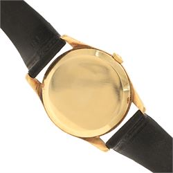 Omega gentleman's 9ct gold manual wind wristwatch, Ref. 923, Cal. 268, silvered dial with dagger and Arabic hour markers and subsidiary seconds dial, Birmingham 1961, on black leather strap