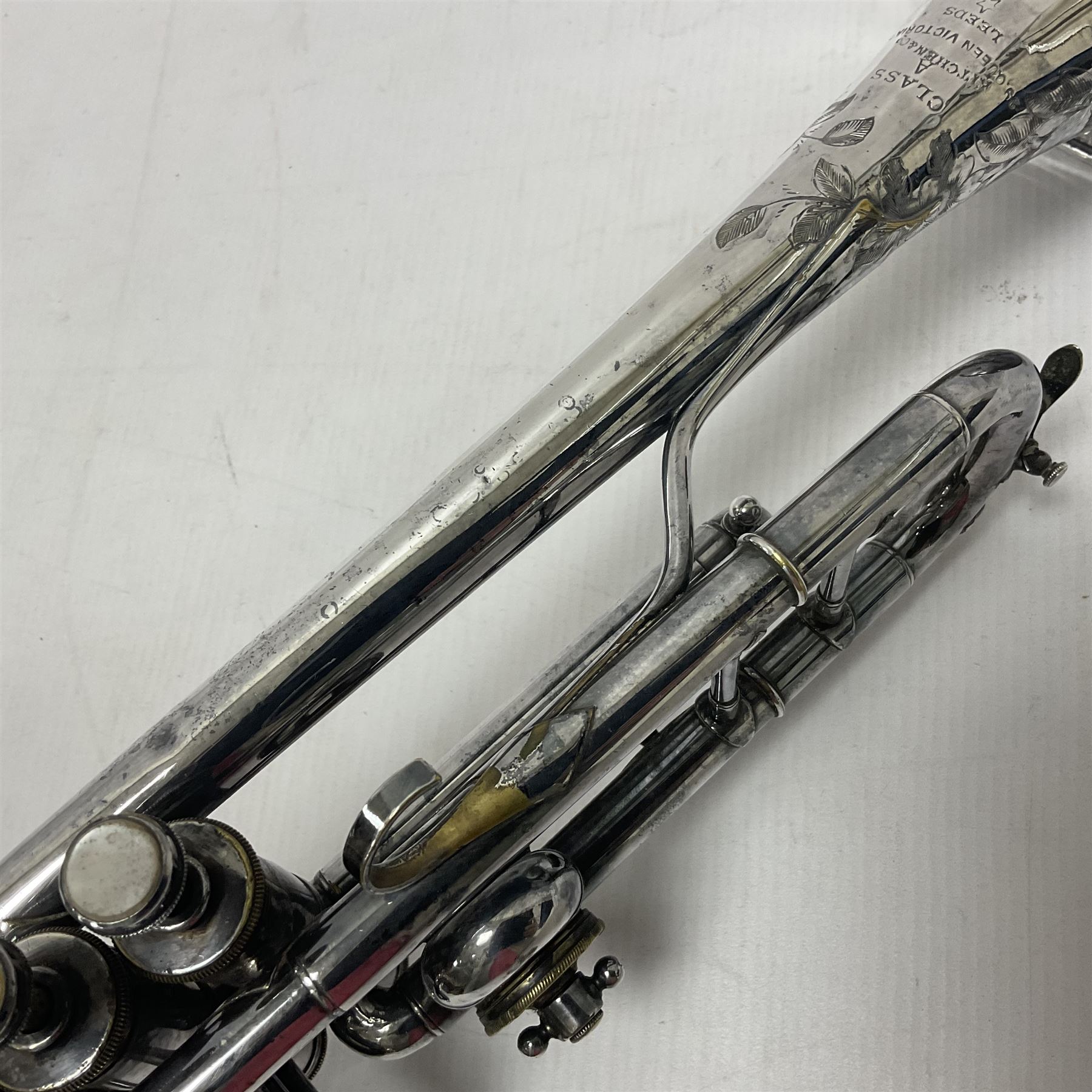 Victorian Class A silver plated trumpet retailed by Kitchen & Co,29 Queen Victoria Street Leeds, 1897 with mouthpiece/slide and in its original felt lined box
