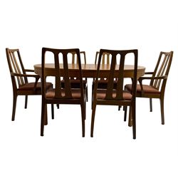 Nathan - mid-20th century teak oval extending dining table (W152cm D99cm H75cm); and Nathan - set six (4+2) mid-20th century teak high slat-back chairs, seats upholstered in light red fabric (W55cm H96cm)