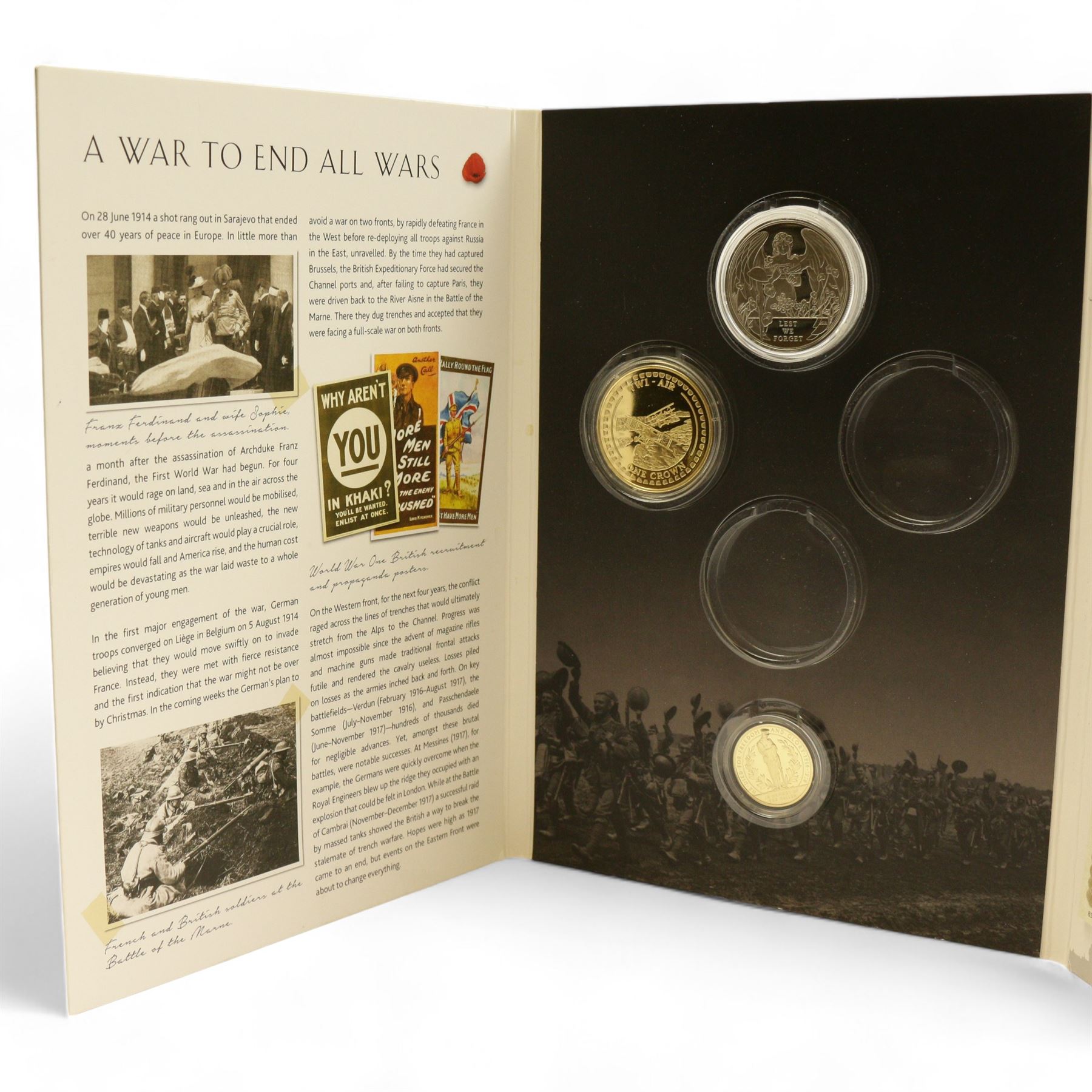 The London Mint Office 'A War To End All Wars', part coin set including Queen Elizabeth II Gibraltar 2017 9 carat gold 10 grams double crown coin etc, in card folder