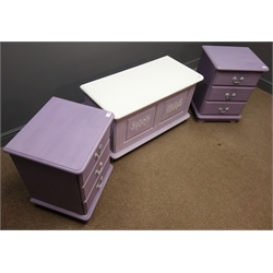  Pair painted pine bedside chests, three drawers, (W45cm, H59cm, D40cm) and similar blanket box, hinged lid with stay, (W91cm, H49cm, D44cm)  