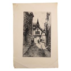 Gertrude Ellen Hayes (British 1872-1956): 'St. Edwards School - Oxford' 'The Combination Room' and The Gates of Rugby School, etchings and one print signed, variously titled and one numbered 1911 on the plate; together with eight further etchings and prints variously signed and titled max 30cm x 23cm (11) (unframed)