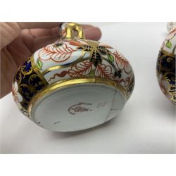 Pair of Royal Crown Derby 6299 imari pattern miniature vases, together with a miniature pitcher and dish in 2451 imari pattern, all with printed marks beneath, vase H12cm 