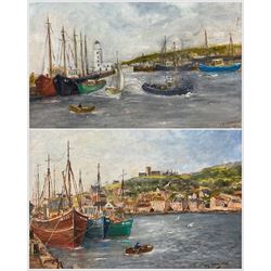 T E Grimshaw (British 20th Century): 'Whitby Harbour' and 'Scarborough Harbour', two oils ...