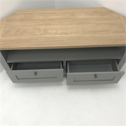 Next Malvern grey and oak finish corner television stand, two drawers, stile supports, W112cm H56cm, D45cm