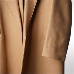 Amanda Wakeley London - full-length coat in camel wool, with notched lapels, concealed front fastening, self-tie belt, and side slip pockets, of minimalist tailored form, from the 'Petite Chic' line, unused