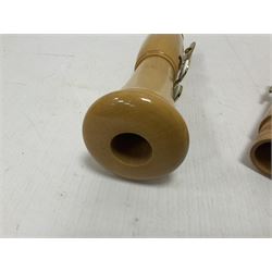Wooden bass recorder, possibly by Roessler but unmarked, in fitted and lined case 