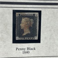 Great Britain Queen Victoria penny black stamp with red MX cancel and 1841 two pence blue stamp, white lines added, with black cancel, housed in a framed display