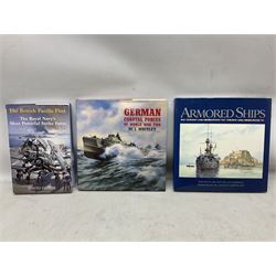 Thirty books of maritime and naval interest including David Hobbs: The British Pacific Fleet; Ian Marshall: Armoured Ships; M.J. Whitley: Cruisers of WW2, German Cruisers of WW2 and German Coastal Forces of WW2; books on warships, U-Boats, combat ships etc
