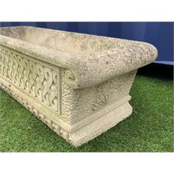Cotswold Studios Ltd - rectangular garden planter, tapering form with crossover lattice scroll decoration  - THIS LOT IS TO BE COLLECTED BY APPOINTMENT FROM DUGGLEBY STORAGE, GREAT HILL, EASTFIELD, SCARBOROUGH, YO11 3TX