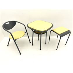 Grey painted metal and pale yellow painted wood bistro set, table with under tier, small side table, armchair 