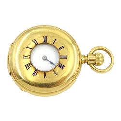 18ct gold half hunter keyless lever fob watch, No. 12721, white enamel dial with Roman numerals, the movement engraved Bright & Sons Scarborough, the back case with engraved initials, stamped 18
