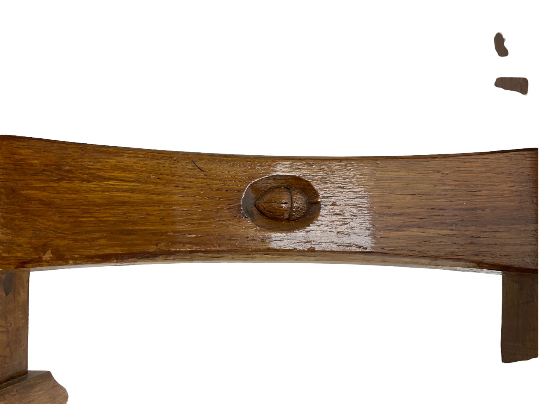 Acornman - oak occasional or side table, rectangular adzed top on shaped end supports joined by pegged stretcher on sledge feet, by Alan Grainger of Brandsby