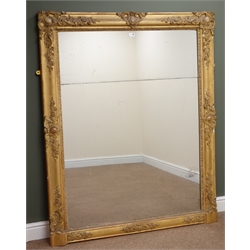  Large 19th century ornate over mantle rectangular gilt wood wall mirror, W123cm, H155cm  