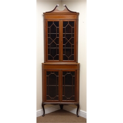  Edwardian inlaid mahogany corner cabinet, swan neck pediment, four astragal glazed doors, cabriole legs, W72cm, H209cm, D40cm  