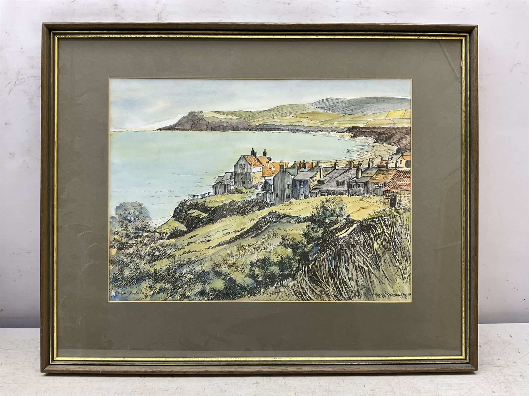 Jane Pearson (Yorkshire 20th century): 'Raven Hall' at Ravenscar, pair watercolour and inks signed and titled 29cm x 40cm; 'Robin Hood's Bay', hand-finished print, 27cm x 37cm (3)