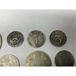 Charles II 1679 maundy three pence, William III 1700 maundy four pence, Anne 1711 shilling, George II 1758 shilling and further silver coinage of George III and George IIII