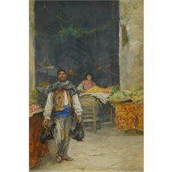Hubert von Herkomer (Bavarian/British 1849-1941): The Poacher in the Marketplace - 'Valencia', watercolour and gouache signed inscribed and dated 1905, 62 x 40cm 
Provenance: Dicksee & Co., Liverpool, 1907.