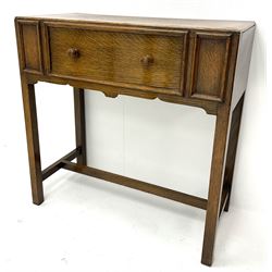 Early 20th century oak side table, single drawer, square supports joined by stretcher 
