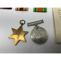 Twelve WW2 medals comprising four 1939-1945 war medals, four Defence medals, three 1939-1945 Stars and Africa Star; all with ribbons; some as groups in two issue boxes with slips