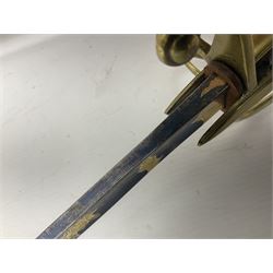 Early 19th century French Lancers officer's sword c1810, the 84cm curving fullered blade retaining most of its bluing, gilding and engraved decoration, inscribed I.S.& C. to ricasso (for Schimelbusch), brass three-bar hilt with elongated elliptical langets and wire-bound leather grip; in polished steel scabbard with two brass suspension rings L100cm overall