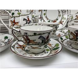 Coalport and Crown Staffordshire hunting scene part teawares, to include eleven teacups and saucers of various sizes, two cake plates, two jugs, four sugar bowls, fourteen dessert plates, etc (68)