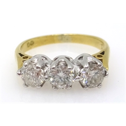  Three stone diamond gold ring (tested 18ct), diamonds 0.75 carat  