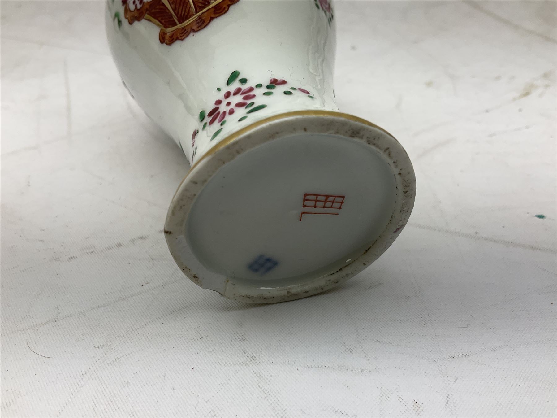 Mid 18th century Chelsea plate with gold anchor mark beneath, decorated with green floral sprays upon plain ground, the moulded cavetto shaped border with gilt rim, (A/F), D22cm, together with early 20th century Adams Tunstall Tokio pearlware slop bowl, Spode plate decorated in the Imari type pallette, with impressed and printed marks beneath, 19th century Indian Tree pattern breakfast cup and saucer, small polychrome enamelled vase and cover in the style of Samson of Paris, with marks beneath, and a pastille burner