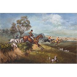 Coleman (British 20th century): Taking a Jump Hunting, oil on canvas signed 50cm x 75cm