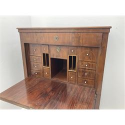 19th century figured mahogany secretarie cabinet, frieze drawer above fall front enclosing multiple drawers and compartments, three drawers below