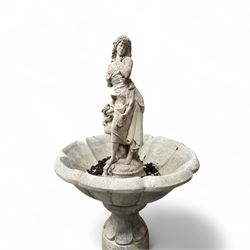 Cast stone garden centre-piece bird bath with raised female figure