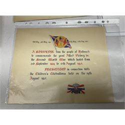 WWI group of three medals with bronze memorial plaque comprising 1914-15 Star, British War Medal and Victory Medal awarded to 16554 Pte. T. Andrew Linc. R. who died on 26th July 1916 whilst travelling to Vimy Ridge, polished and mounted for display in a frame; together with small archive of research material and two WWII V.E. Day Presentation Certificates from the people of Holbeach in Lincolnshire