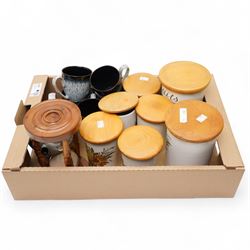 Seven Fieldings Crown Devon kitchen storage jars, Denby mottled glaze teapot with five mug...