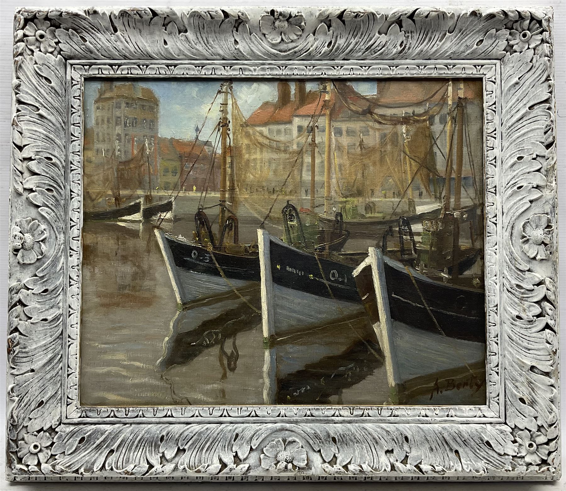 Anne Berty (French early 20th century): Ostend Fishing Boats, oil on canvas signed 39cm x 47cm