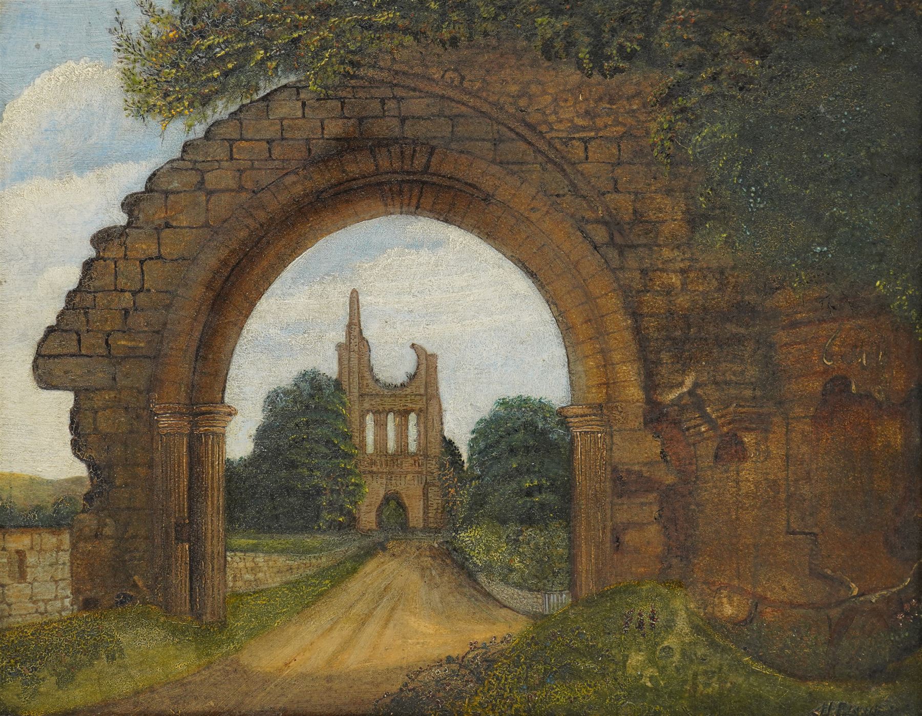 H Fisher (British 19th century): 'Byland Abbey - Yorks', oil on wood panel signed, titled and inscribed 'Sketched 1881 - Copied 1886' verso 29cm x 37cm