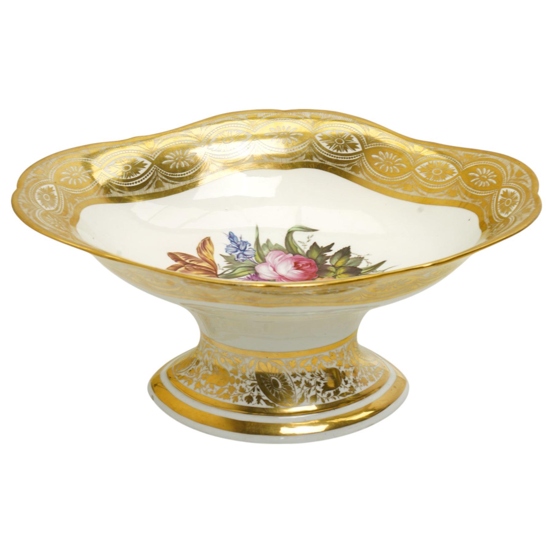 Early 19th century Derby comport of shaped oval design, the interior painted with a large spray of Spring flowers, the gilt border with a continuous band of flower heads repeated on the oval foot, red painted mark, pattern 42 L34cm