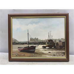 Don Micklethwaite (British 1936-): Scarborough Harbour at Low Tide, oil on canvas board signed 22cm x 29cm 