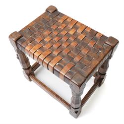 Mouseman - 1930s adzed oak joint stool, leather latticework seat on chamfered octagonal supports, carved with mouse signature, by Robert Thompson of Kilburn