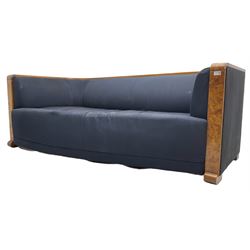 Thormer Polstermobel - Art Deco design three seat sofa, of curved tapering form, upholstered in midnight blue fabric, framed in figured burr elm