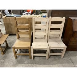 Set of six (4+2) light beech dining chairs, high ladder back over solid seat and square supports  - THIS LOT IS TO BE COLLECTED BY APPOINTMENT FROM THE OLD BUFFER DEPOT, MELBOURNE PLACE, SOWERBY, THIRSK, YO7 1QY