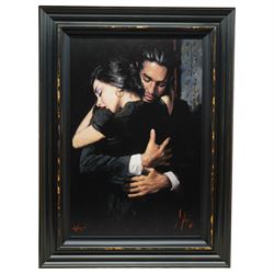 Fabian Perez (Argentina 1967-): 'Embrace II', limited edition hand-embellished giclee print on canvas signed and numbered 2/195, with certificate of authenticity verso 75cm x 50cm